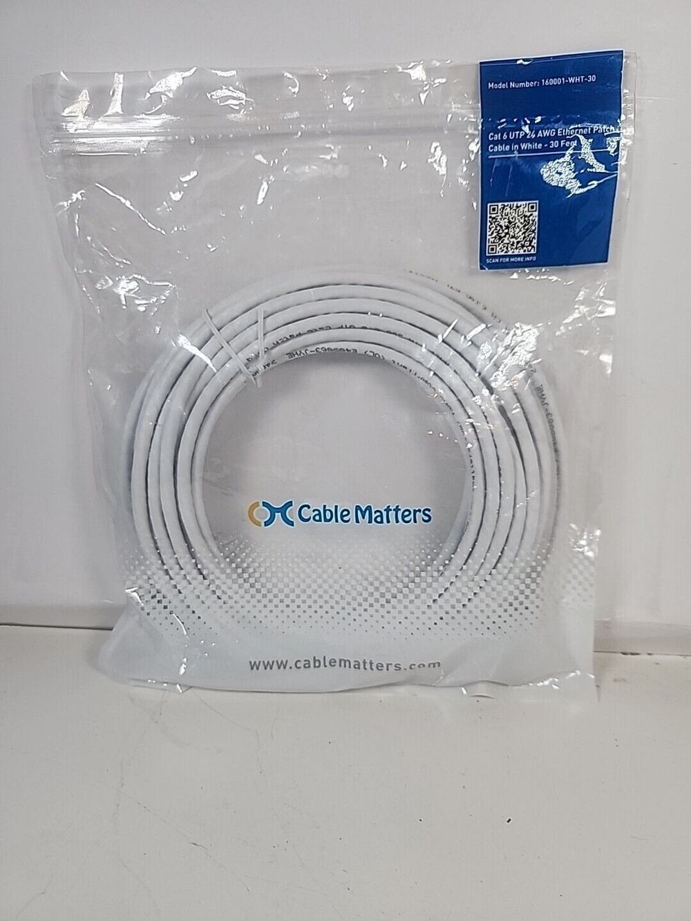 Cable Matters 160001-WHT-30 White Cat 6 UTP 24 AWG Ethernet Patch Cable 30 Feet